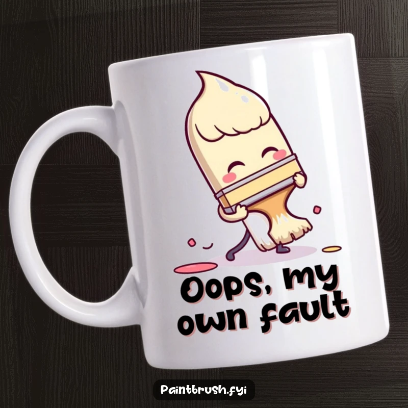 Funny Mug: A paintbrush character comically tripping over its own bristles, illustrating a clumsy artist's struggle with humor.