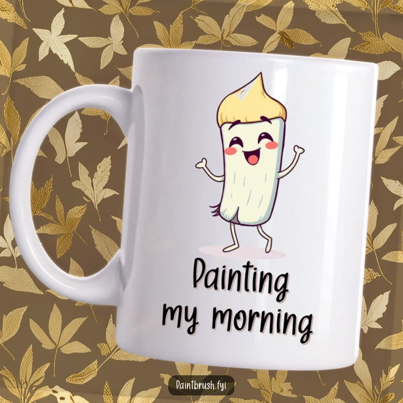 Funny Mug: A paintbrush character energetically doing a silly dance with colorful, lively strokes adorning it.