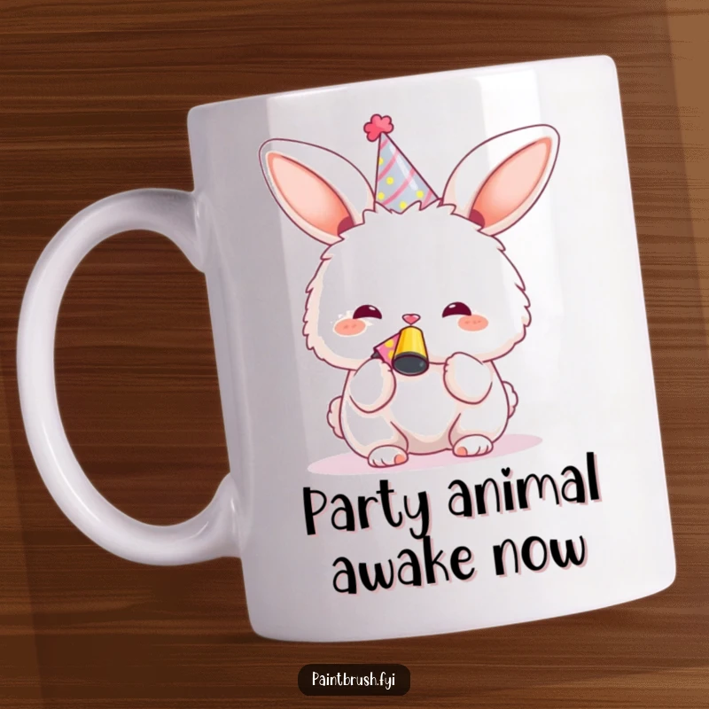 Funny Bunny Mug in a party hat, joyfully blowing a noisemaker, celebrating a birthday with festive spirit.
