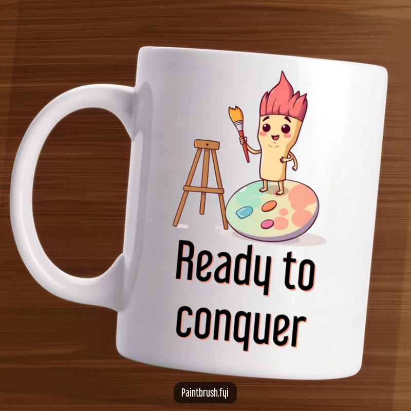 Funny mug featuring a determined paintbrush character standing proudly on a large palette, wielding its brush with focus.