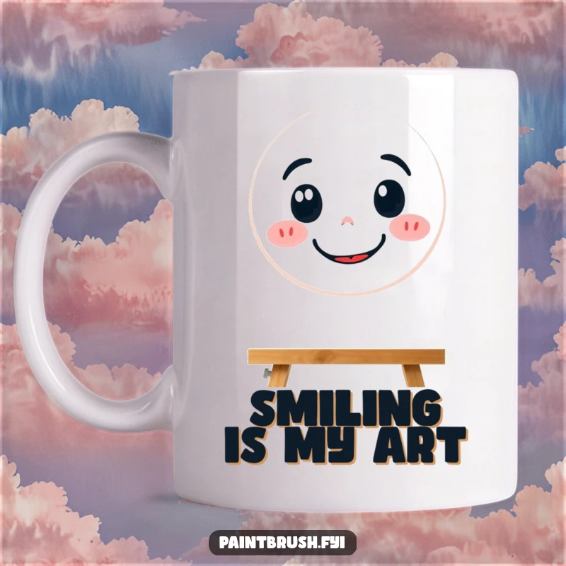Funny mug showing a focused paintbrush character diligently painting a large, cheerful smiley face.