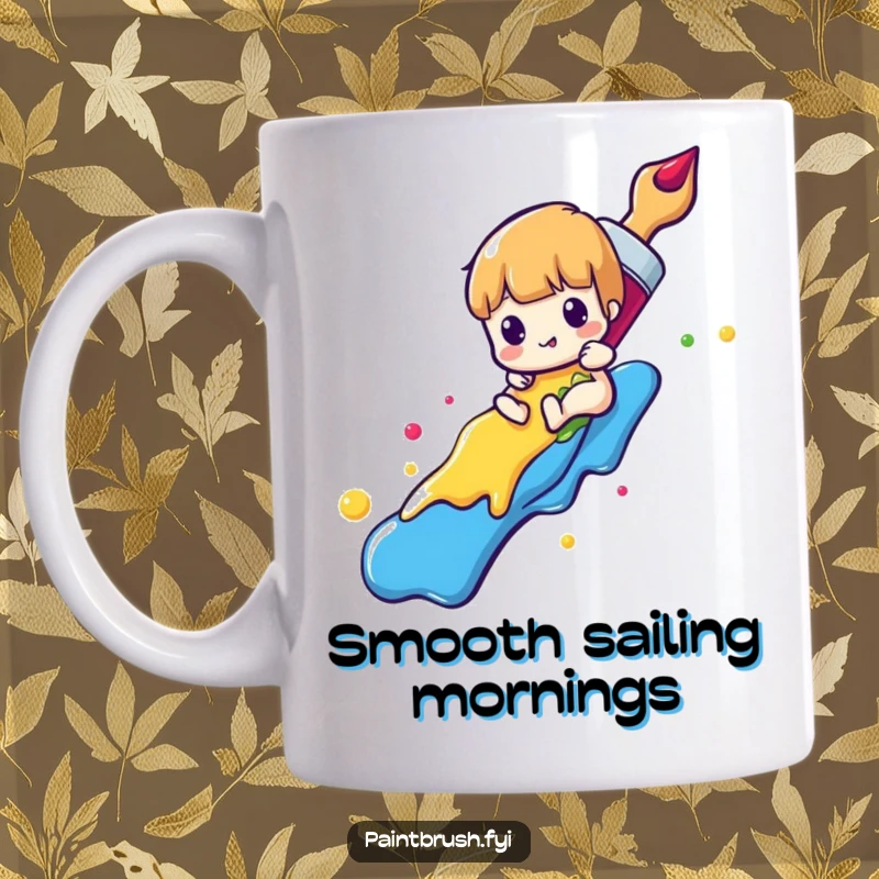 Funny paintbrush mug featuring a character sliding down a vibrant rainbow of colorful paint, symbolizing creative joy and freedom.