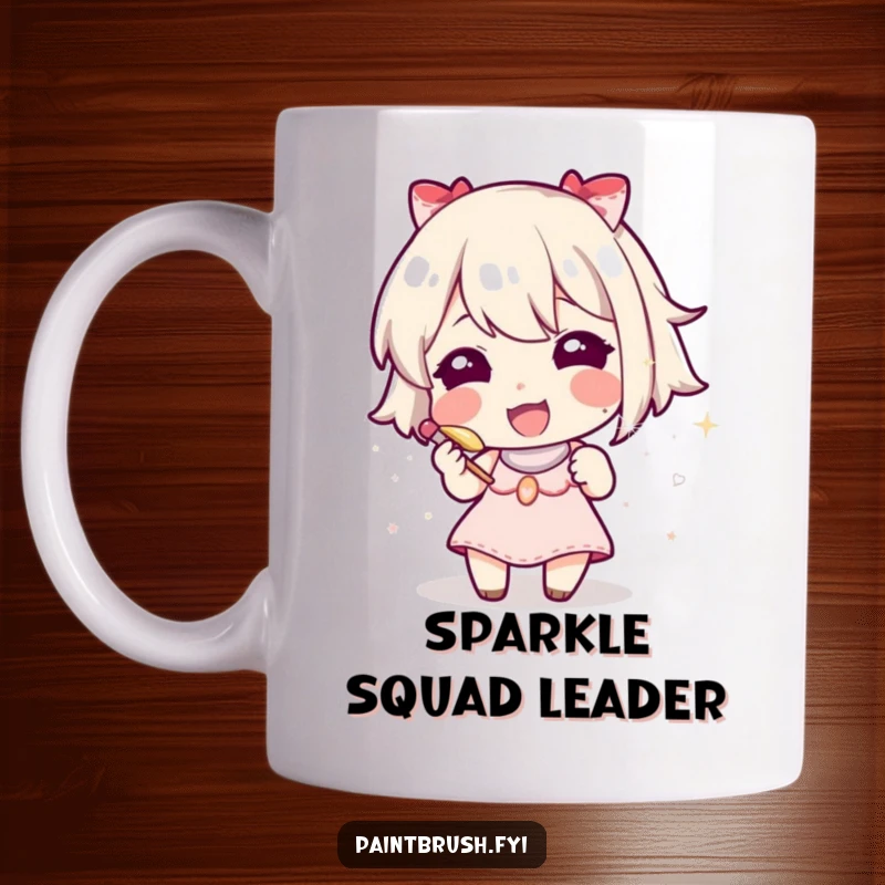 Funny character with intense focus, using a tiny brush to paint a single speck of glitter, humorous mug.