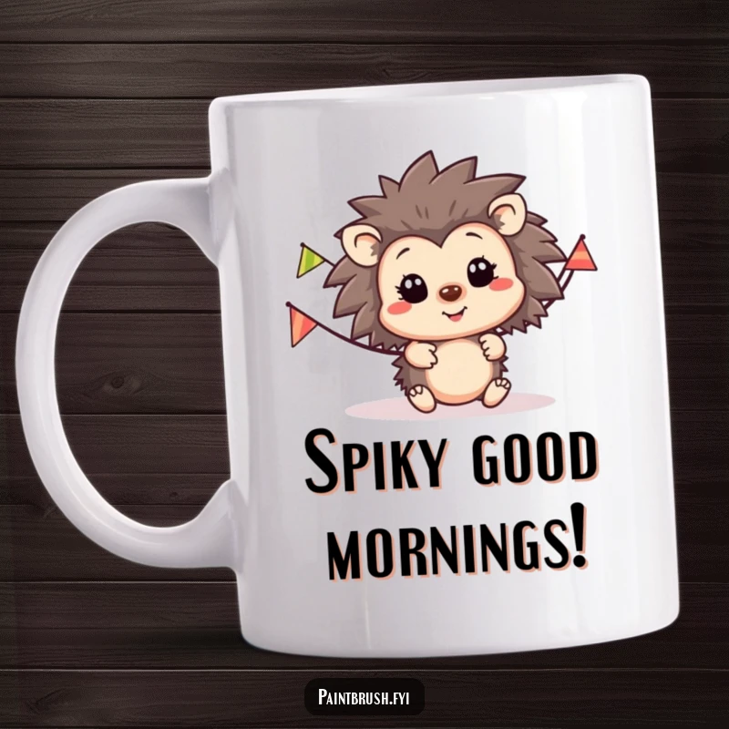 Funny hedgehog party mug, happy hedgehog character with a striped party banner stretching behind, radiating joy and celebration.