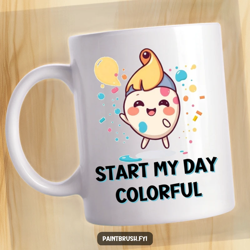 Funny paintbrush mug with a small, round character joyfully splattering colorful paint, symbolizing creativity.