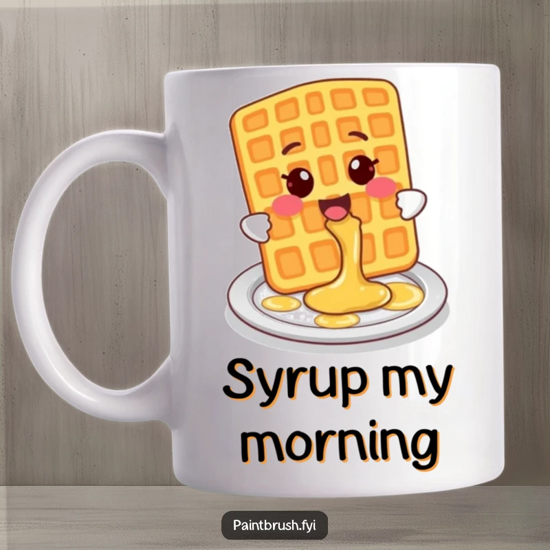 Funny Mug featuring a smiling waffle character playfully splashing syrup onto a plate with a cheerful expression.