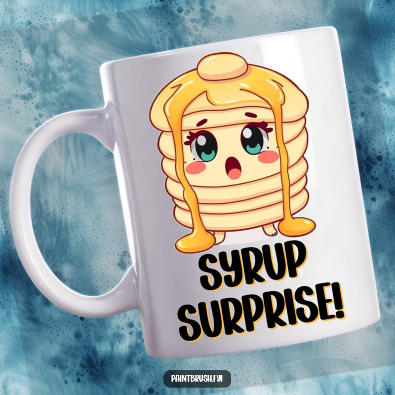 Funny Mug featuring a surprised pancake character with wide eyes, caught in syrup waterfalls during a breakfast moment.