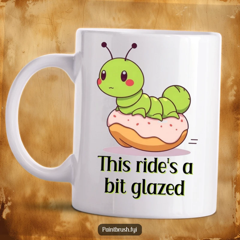 Funny mug depicting a determined caterpillar clinging to a runaway rolling donut, capturing a hilarious chase scene and a love for treats.