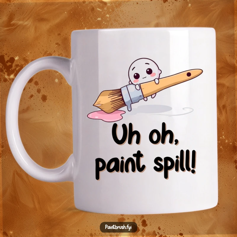 Funny Mug: Tiny round brush character comically tripping over a huge dripping paintbrush, a humorous mishap for artists.