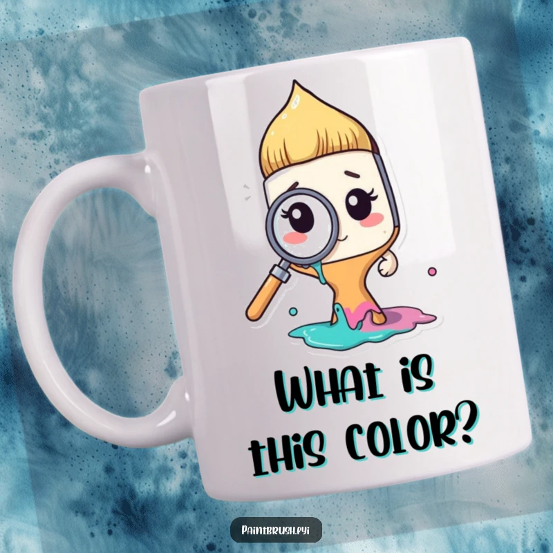 Funny paintbrush character looking quizzically through a magnifying glass at dabs of paint, on a mug, ideal funny gift.