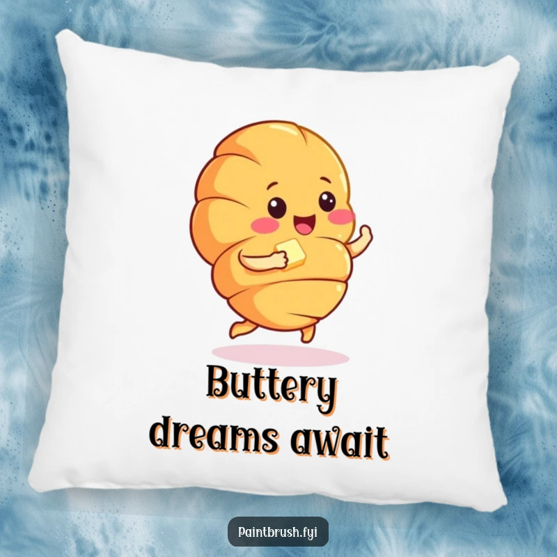Funny croissant character doing a happy jig with a pat of butter, bringing cozy and humorous comfort to any seating area.