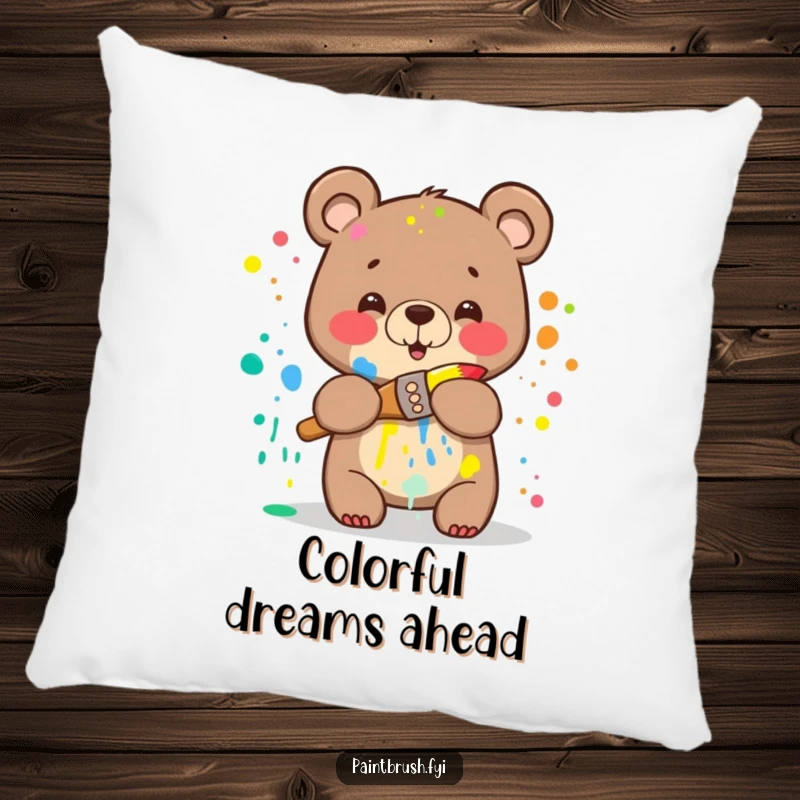 Funny Bear Pillow: A happy bear splattered with rainbow paint attempting to hug a paintbrush, adding humorous comfort to any room.