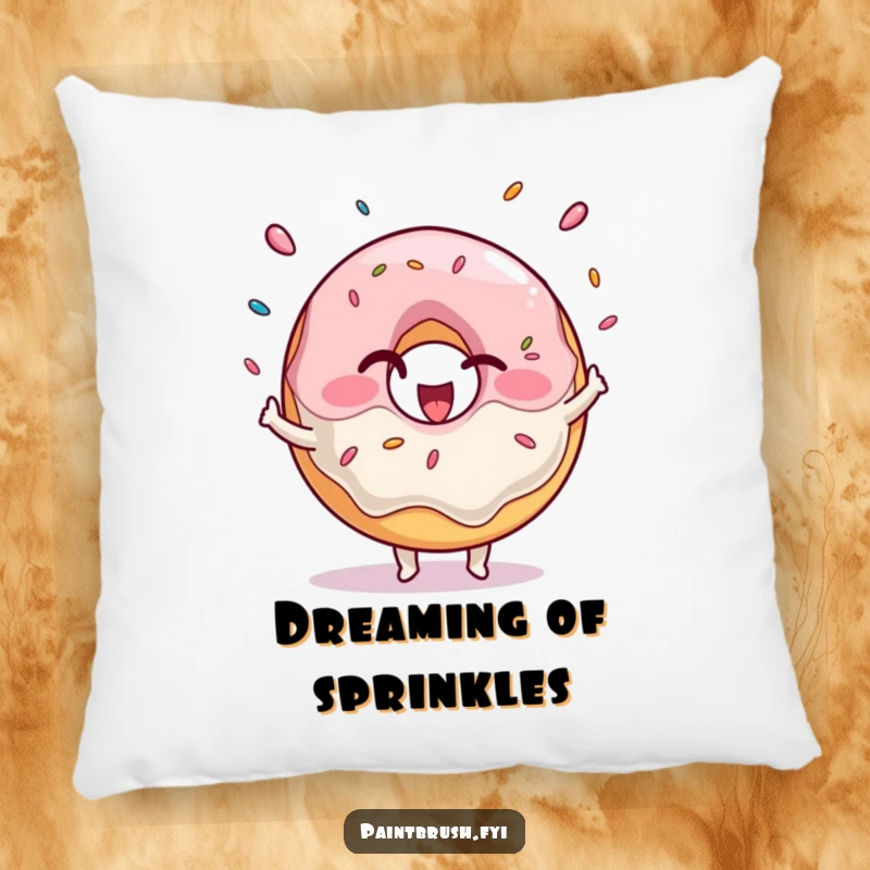 Funny Pillow featuring a winking donut character gleefully juggling sprinkles, offering comfort and sweet cheer.