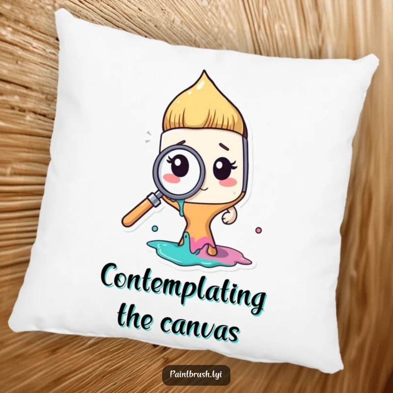 Funny paintbrush character using a magnifying glass on paint, illustrated on a soft pillow, offering comfort and a funny gift.