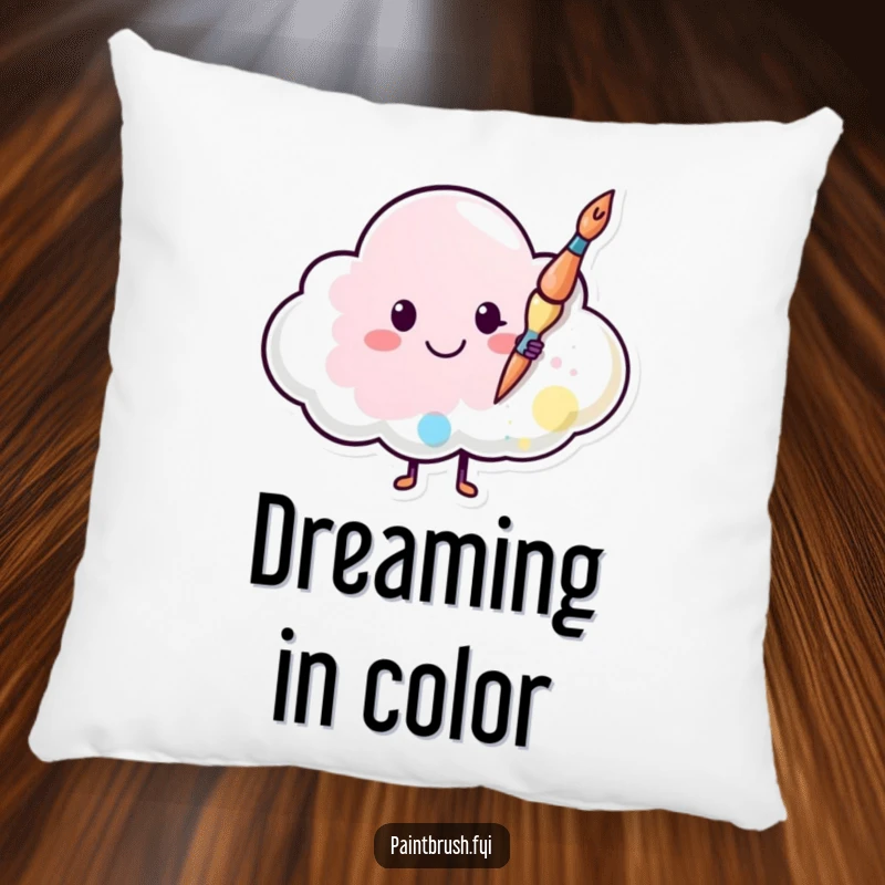 Funny pillow featuring a happy paintbrush character painting a smiley face on a cloud, offering cozy comfort and artistic cheer.