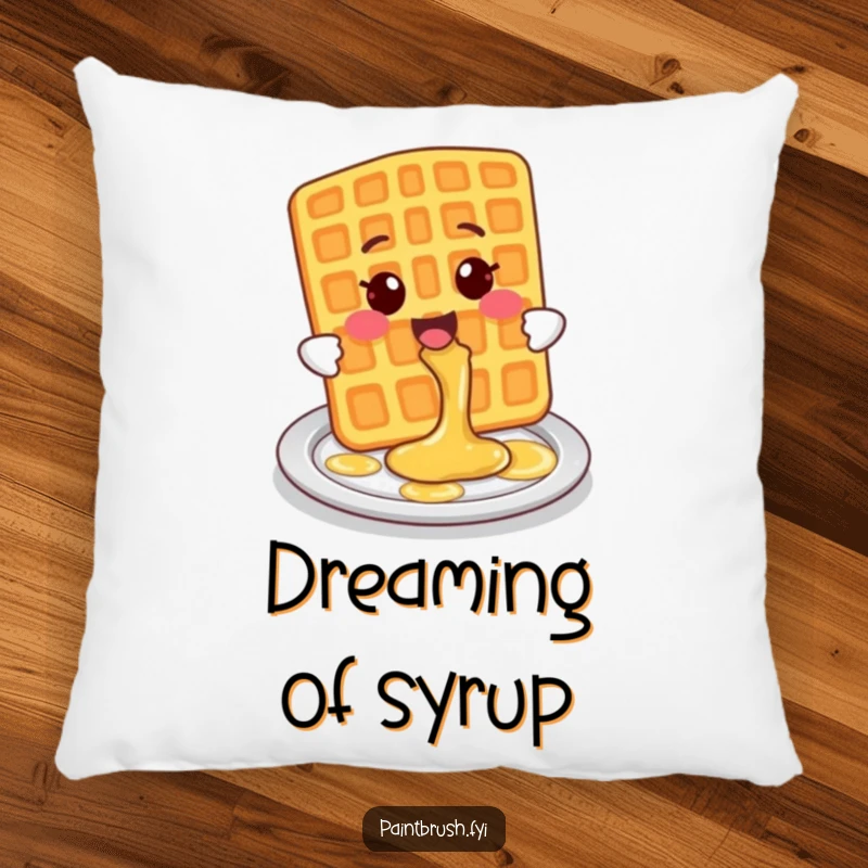 Funny Pillow showcasing a smiling waffle character playfully splashing syrup onto a plate, adding a touch of breakfast fun.