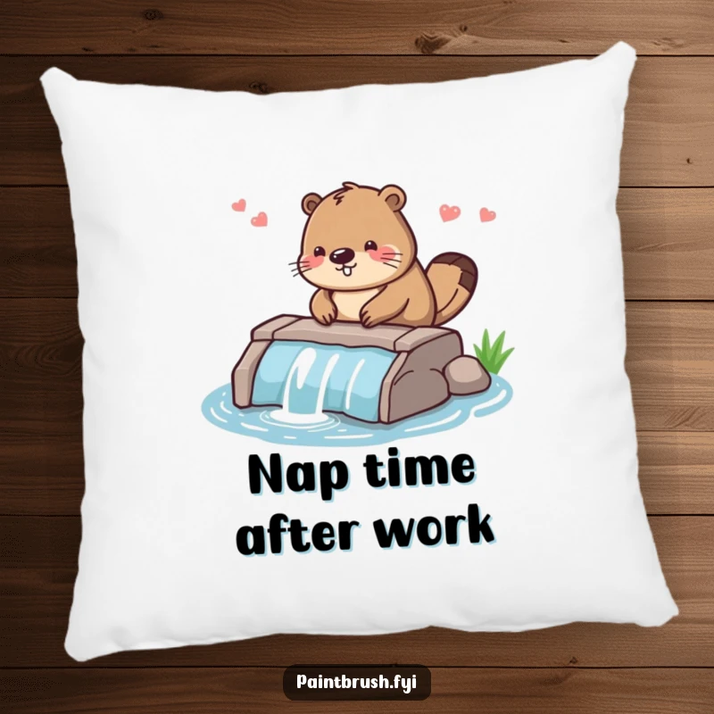 Funny decorative pillow featuring a diligent beaver character smoothing the edges of a small dam, bringing a touch of nature and humor.