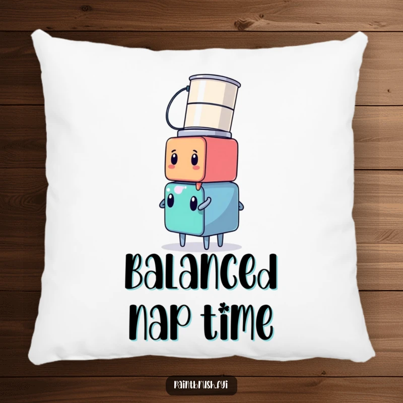 Funny cube character with paint cans stacked on its head, resting comfortably on a plush pillow, designed for humor.