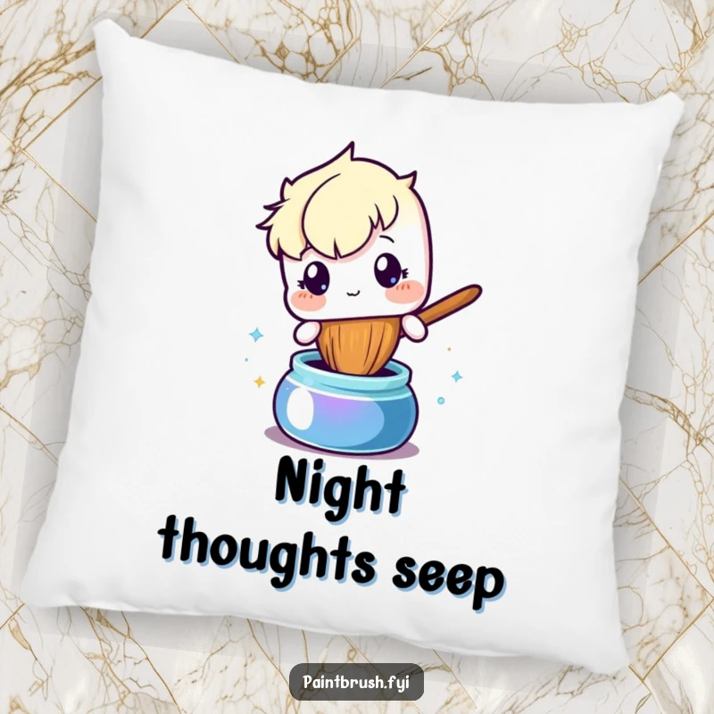 Funny pillow featuring a curious paintbrush character exploring a shimmering ink pot, adding a touch of artistry.