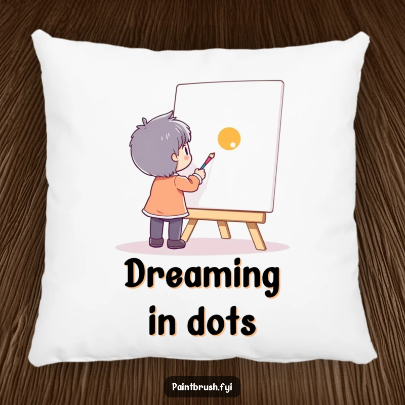 Funny character concentrating on painting a single, vibrant dot on a large canvas, featured on a soft, decorative pillow.