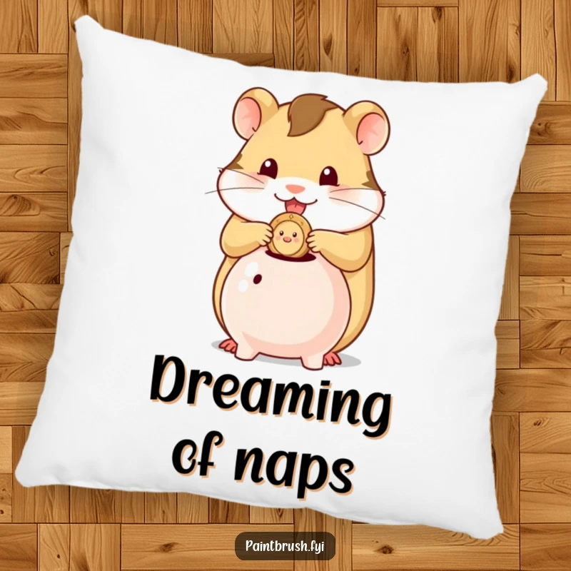 Funny pillow depicting a hamster character stuffing a single coin into a tiny piggy bank, symbolizing careful saving habits.