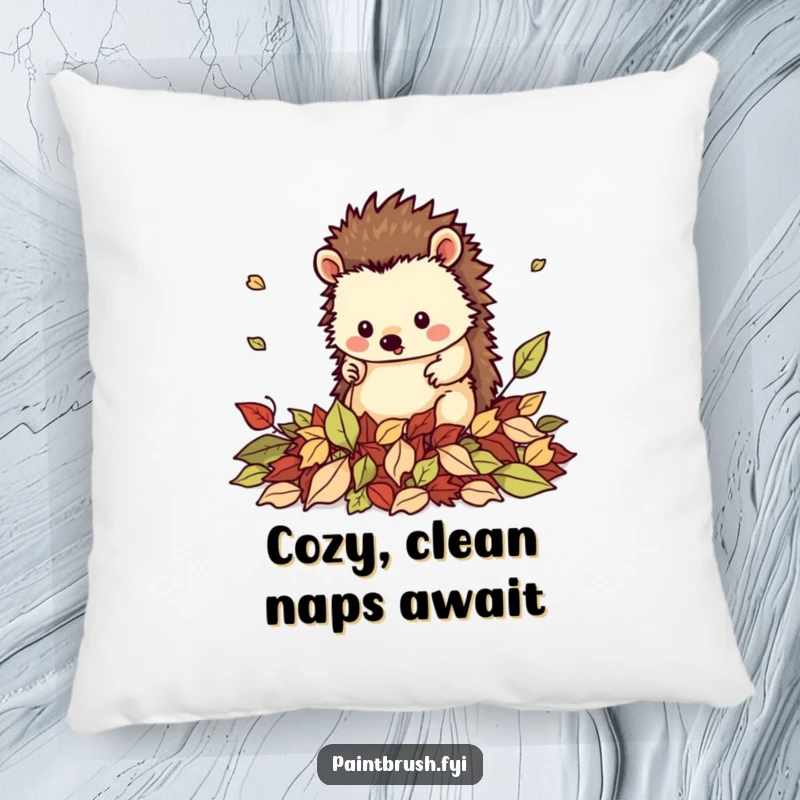 Funny decorative pillow featuring a neat hedgehog character tidying a pile of fallen leaves, bringing cozy autumn humor.