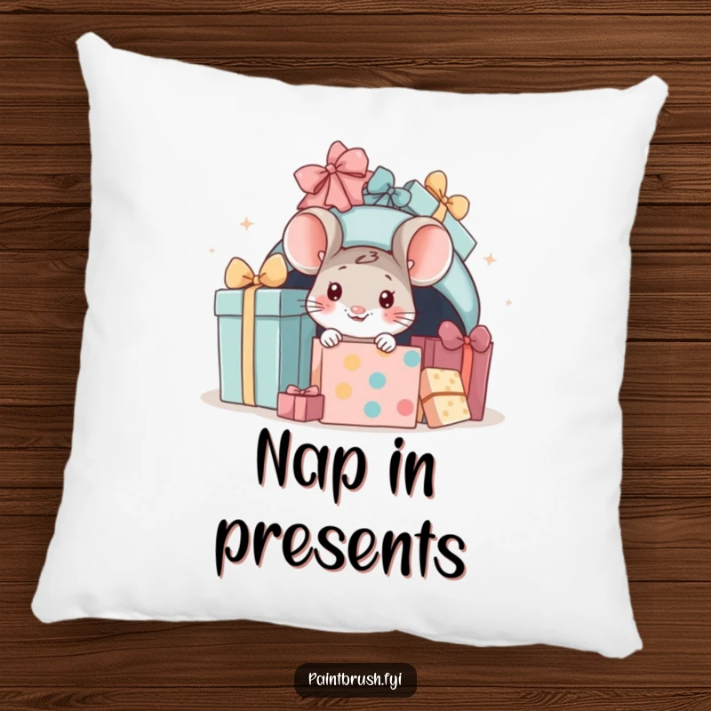 Funny mouse present pillow, little mouse peeking from a pile of presents, offering soft comfort and holiday charm.