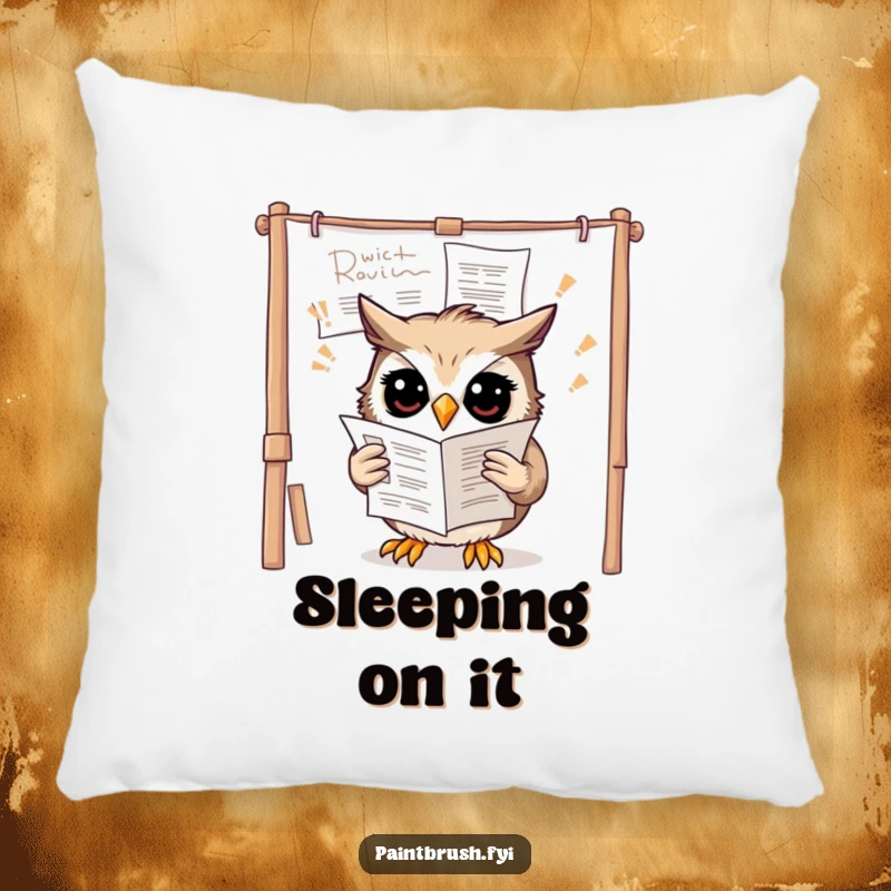 Funny owl pillow showing a confused owl trying to read instructions upside down on a canvas, providing comfort and comedy.