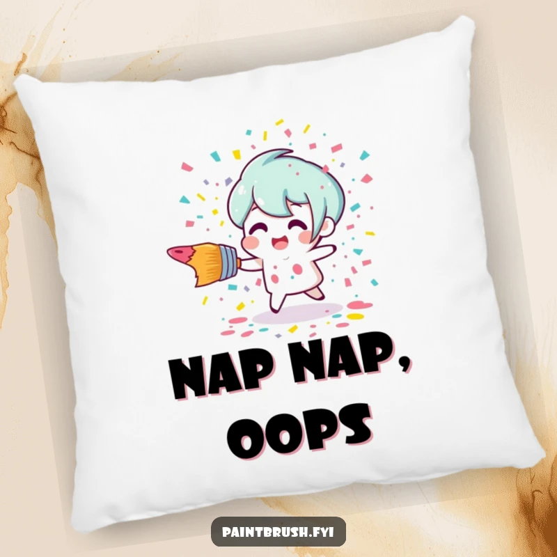 Funny tripping paintbrush character creating a burst of paint confetti on a soft, decorative pillow, embodying artistic humor.