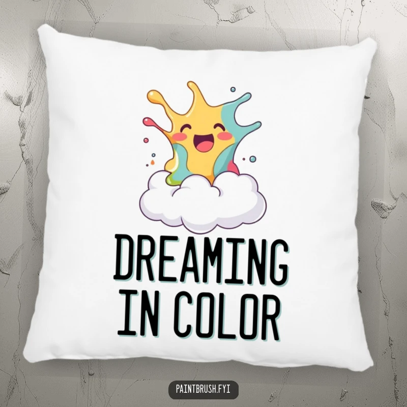 Funny pillow showcasing a blob of paint joyfully splashing onto a surprised fluffy cloud, offering comfort with humorous art, a great funny gift.
