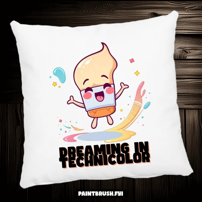 Funny Pillow: An excited paintbrush character spinning, leaving a trail of glittery paint, soft and cozy.