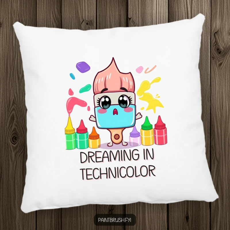 Funny Pillow: A surprised paintbrush character gazes at a rainbow of paint tubes, offering cozy art vibes and humor.