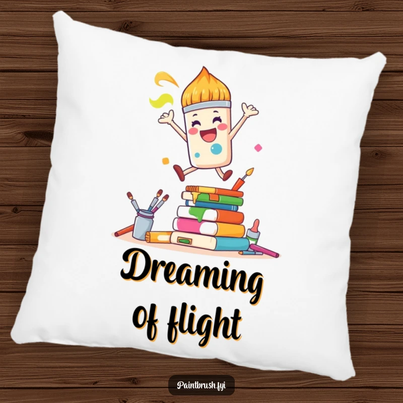 Funny Pillow: A joyful paintbrush character leaps over colorful art supplies, offering cozy art vibes and humor.