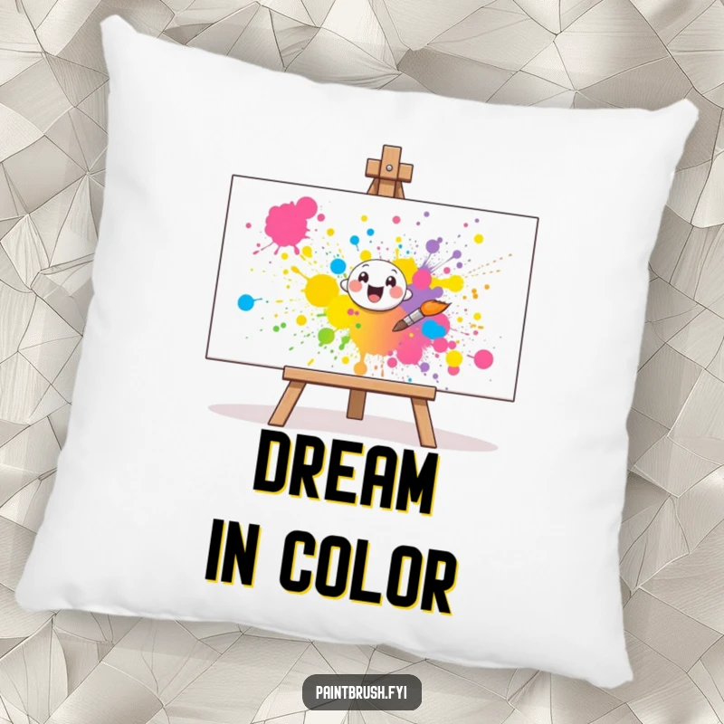 Funny Pillow: A cheerful paintbrush character splatters vibrant paint onto a canvas, offering a cozy and humorous art touch.