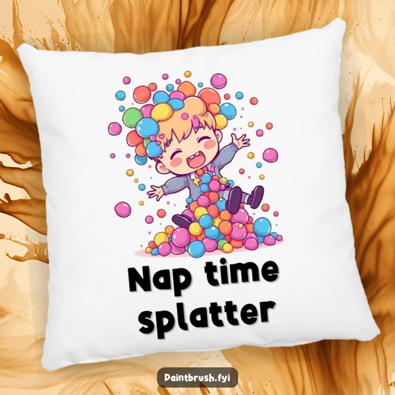 Funny painter character in a state of colorful, messy upheaval from tripping, on a soft and humorous decorative pillow.