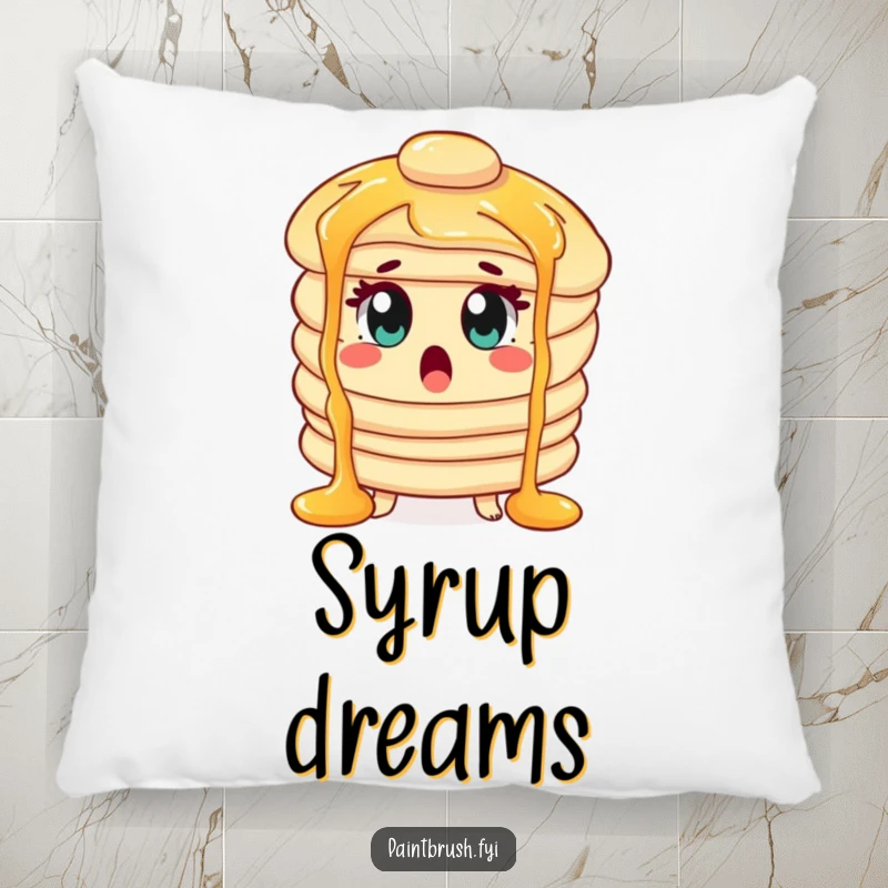 Funny Pillow showcasing a surprised pancake character with wide eyes amidst syrup waterfalls, adding breakfast fun.