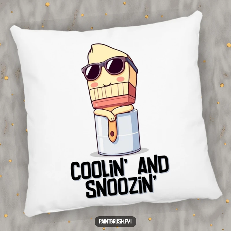 Funny Pillow: Paintbrush character wearing sunglasses and leaning casually on a paint can, a soft and humorous decor item.
