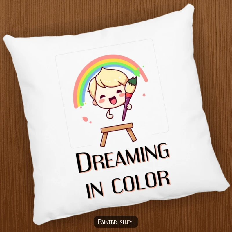 Funny Pillow: Paintbrush character joyfully painting a vibrant rainbow arc across a blank canvas, a soft and humorous decor item.