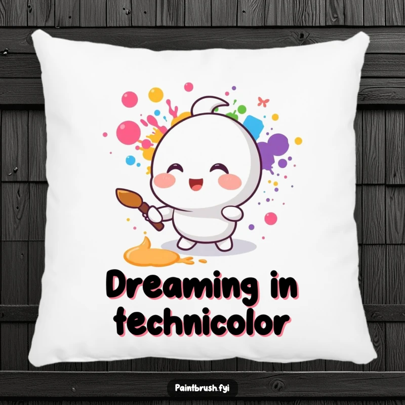 Funny pillow featuring a small round character joyfully splattering rainbow colors with a paintbrush, providing comfort and artistic cheer.