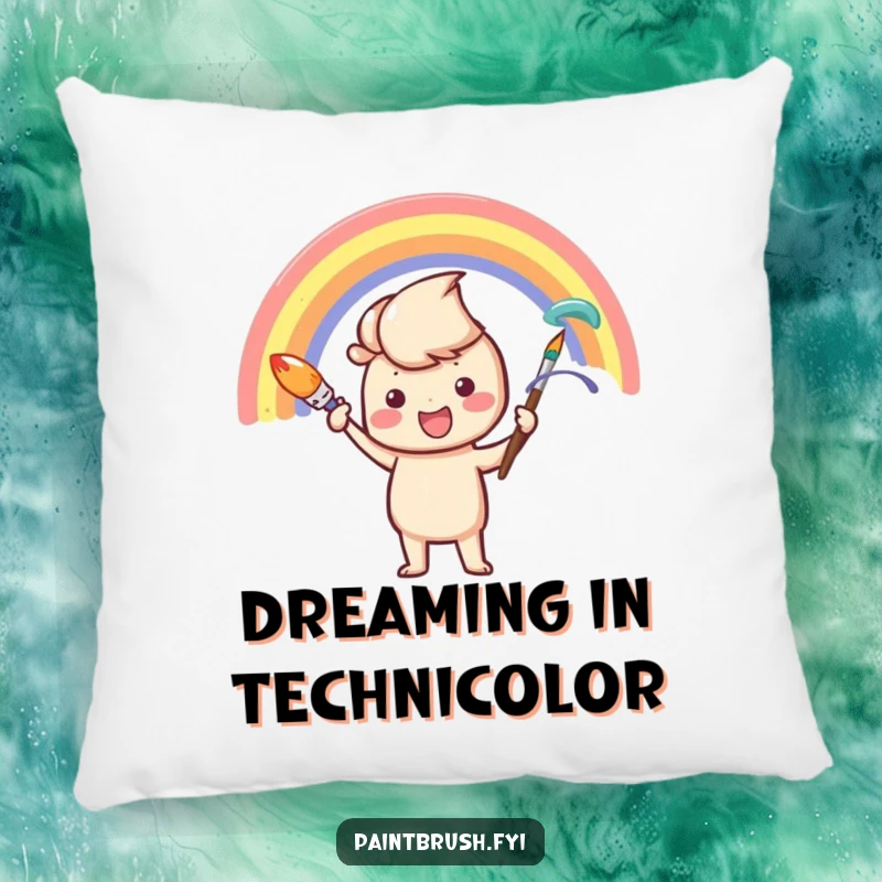 Funny Pillow: A paintbrush character painting a rainbow, a soft and comfortable decorative item with artistic and cheerful vibes.