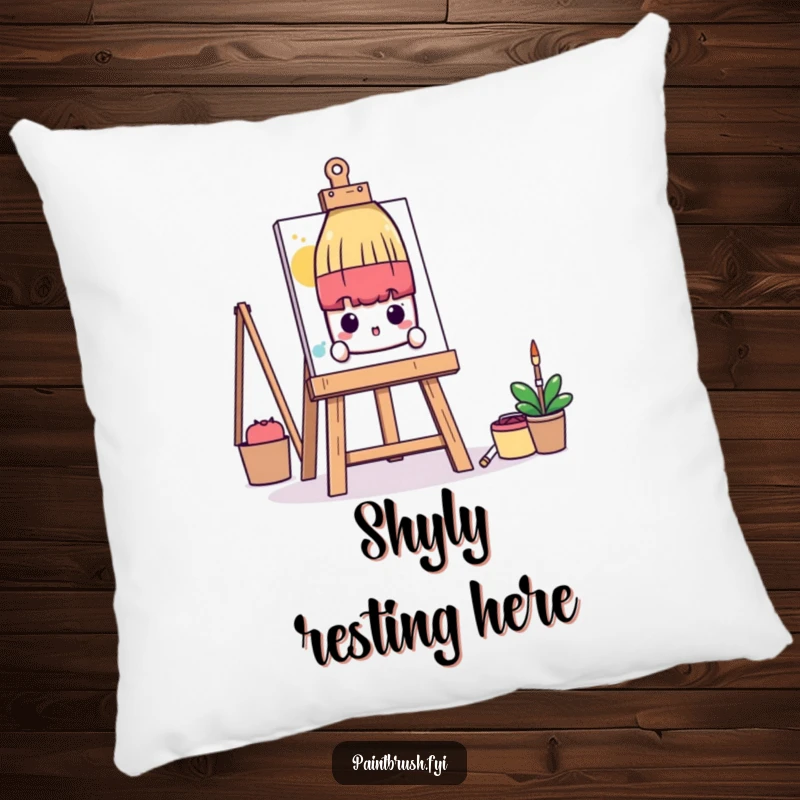 Funny Pillow: A shy paintbrush character peeks from behind a large art easel, offering cozy humor for introverted spaces.