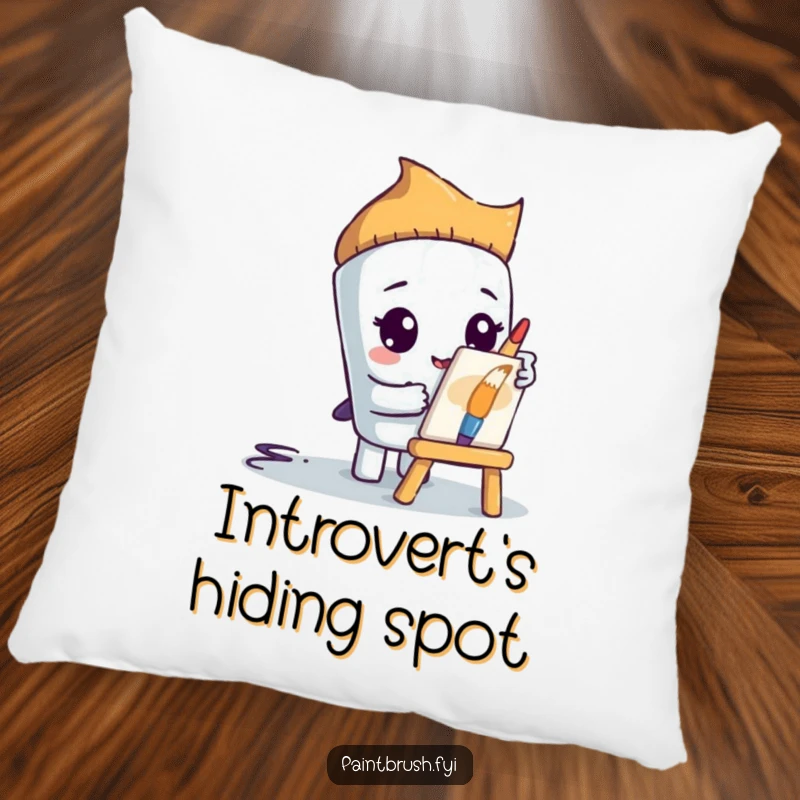 Funny paintbrush character hiding behind a small easel, illustrated on a soft pillow, offering comfort and a funny gift.