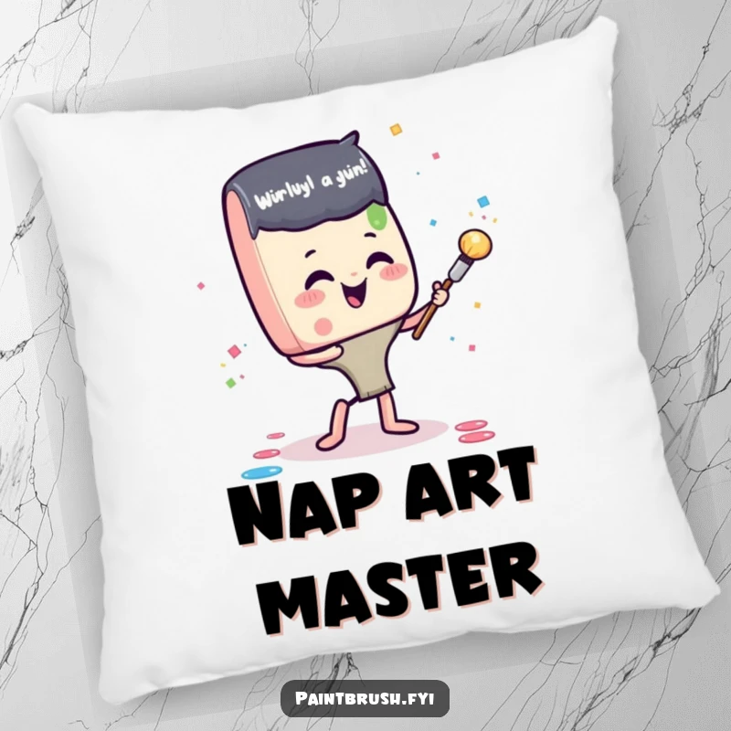 Funny pillow featuring a gleeful paintbrush character exuberantly tossing paint confetti, adding a splash of artistic fun and comfort to any space.