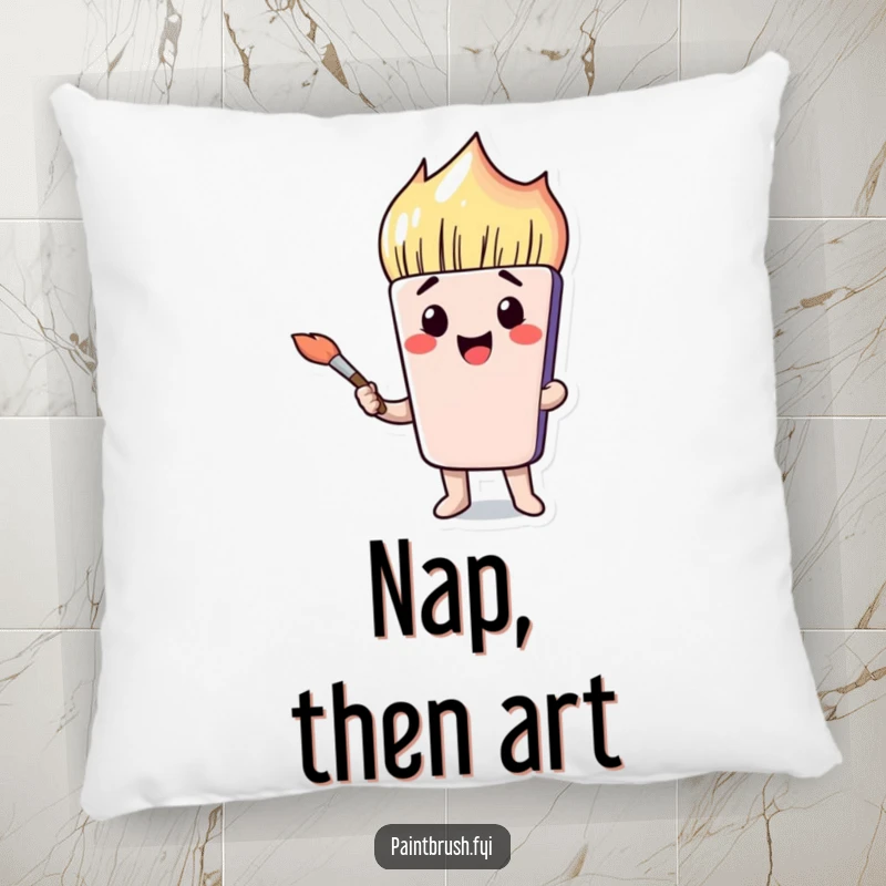 Funny paintbrush character with a comical, exaggerated face on a soft pillow, embodying artistic humor.