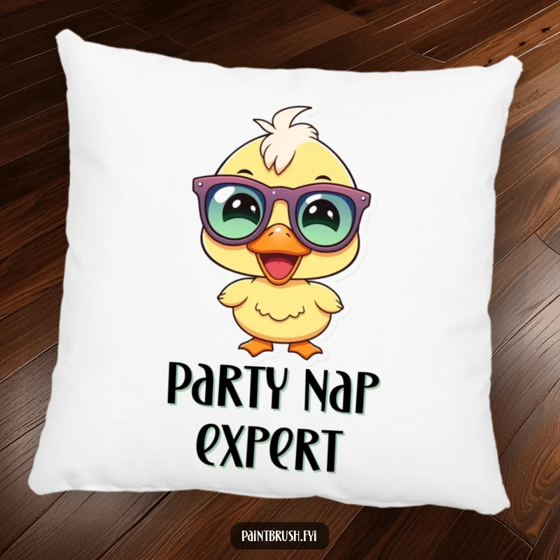 Funny duckling party pillow, joyous duckling character wearing large party glasses, smiling, providing soft comfort and cheer.