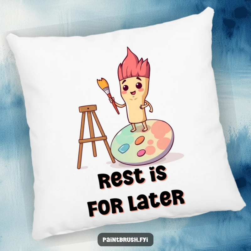 Funny pillow with a determined paintbrush character standing resolutely on a palette, conveying a strong artistic presence.