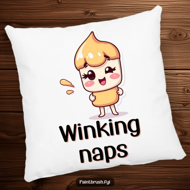 Funny pillow showing a paintbrush character giving a playful wink, with a colorful paint streak, perfect for decor.