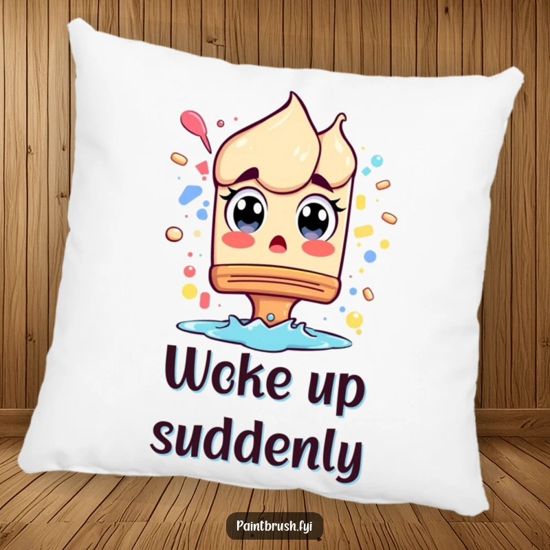 Funny Pillow: A surprised paintbrush character with wide eyes from a splash, offering cozy comfort and a humorous artistic moment.