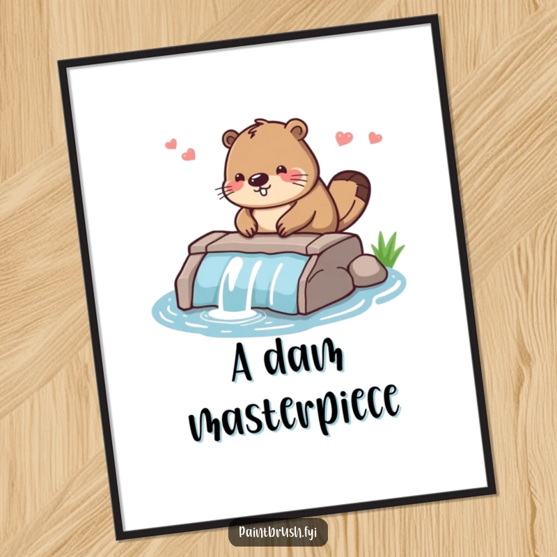 Funny digital art print of a diligent beaver character carefully smoothing the edges of a small dam, symbolizing hard work and dedication.