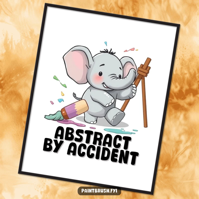 Funny digital art print of a clumsy elephant tripping over a giant paintbrush, creating a comical explosion of colorful paint, ready for framing.